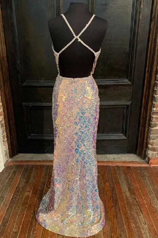 V Neck Mermaid Sequins Long Prom Dress Formal Evening Dress OK1365