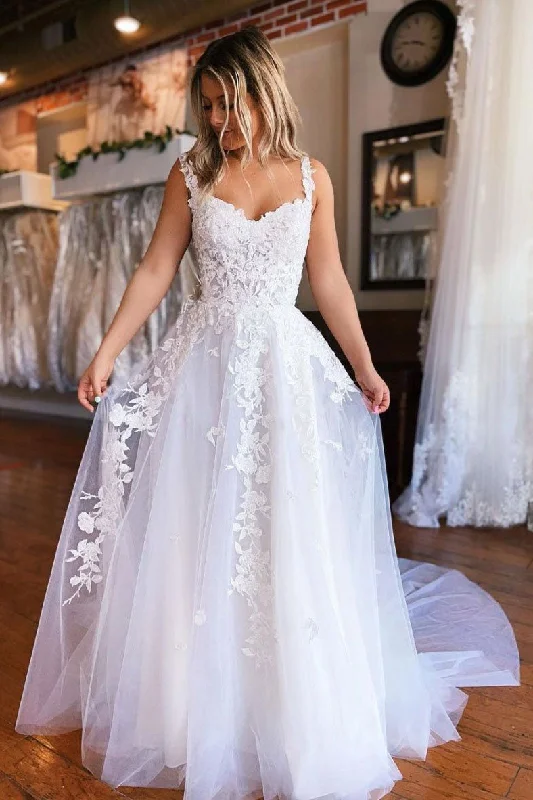 White Tulle Lace Appliques Long Prom Dress A Line Bridal Dress OK1158