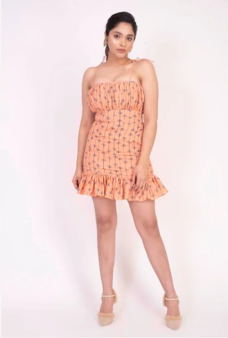 Women's Orange Noodle Strap Skater Dress - Khumaar-Shuchi Bhutani