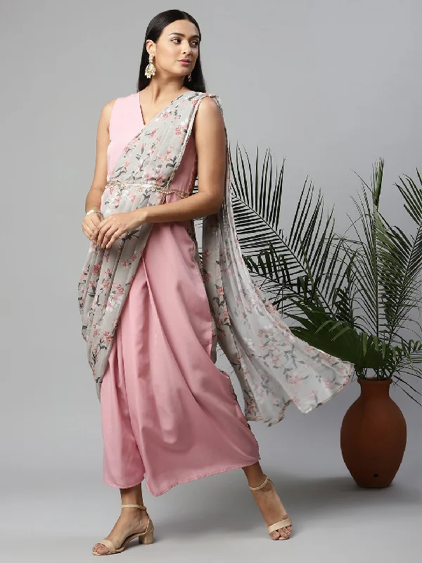 Women's Baby Pink Saree Dress With Pallu By Ahalyaa (1Pc)