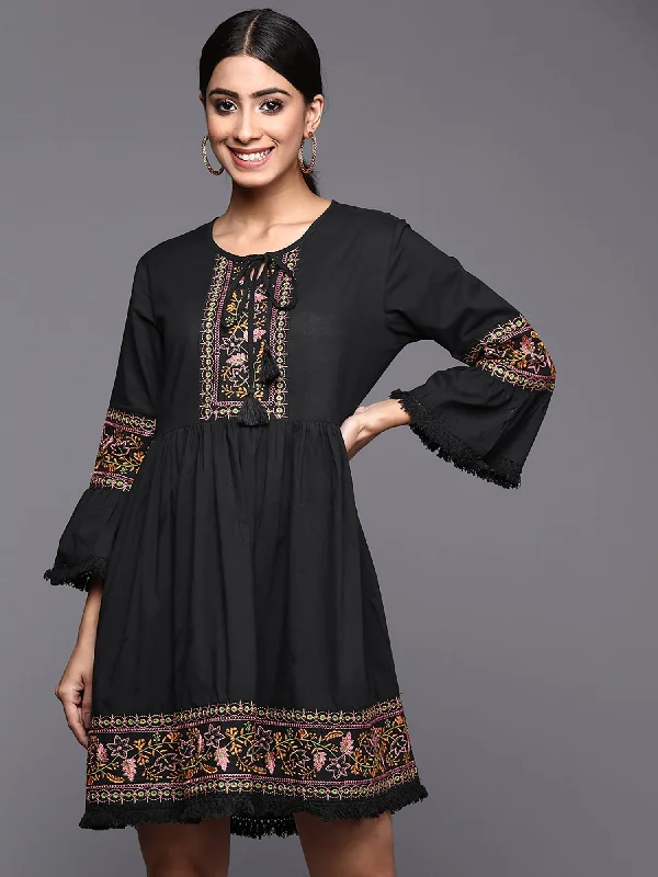 Women's Black Embroidered A-Line Ethnic Dress - Indo Era