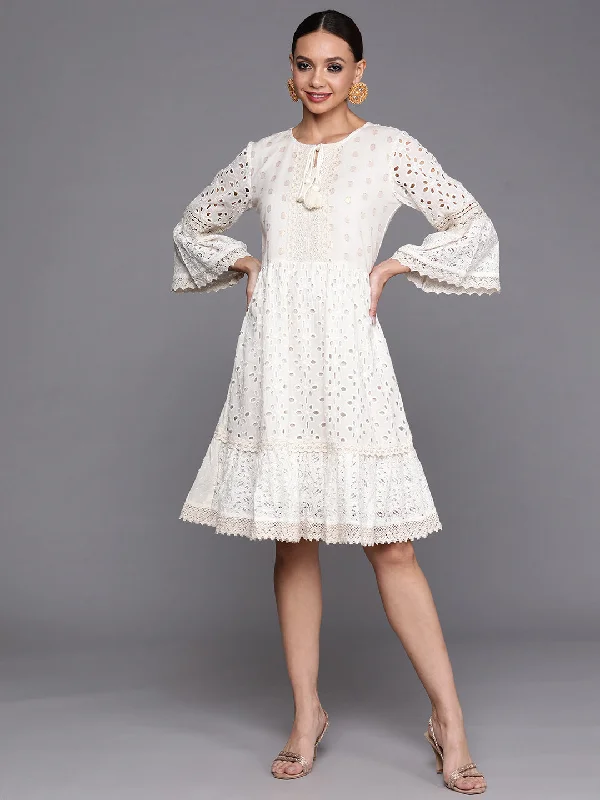 Women's Off White Embroidered A-Line Dress - Indo Era