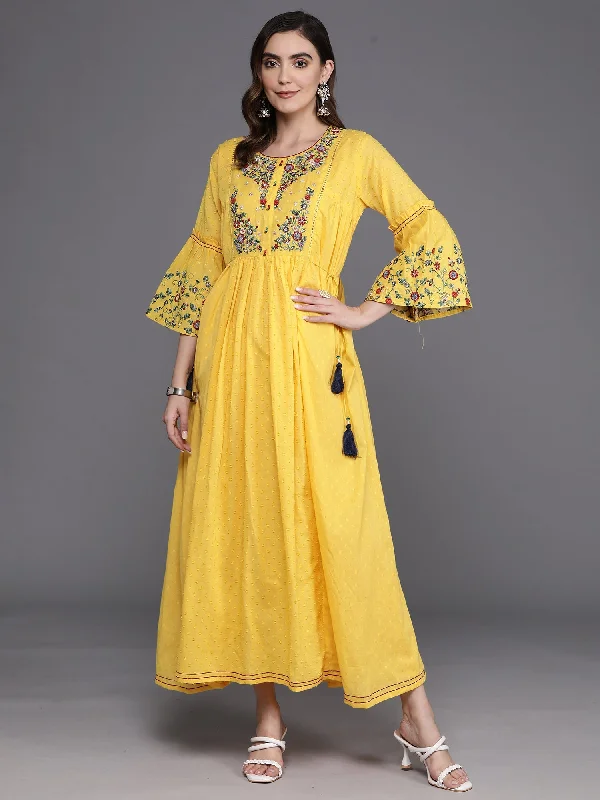 Women's Yellow Embroidered A-Line Ethnic Dress - Indo Era