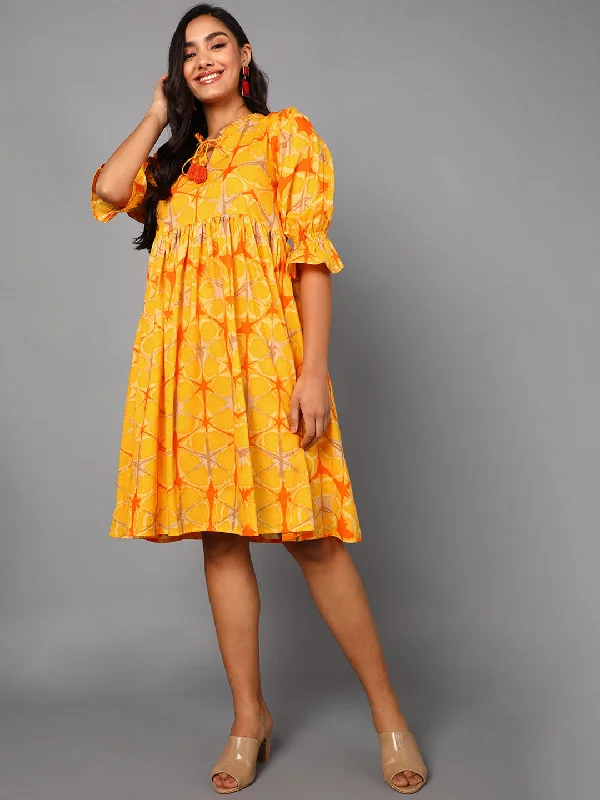 Women's Yellow Cotton Abstract Printed Dress  - Ahika