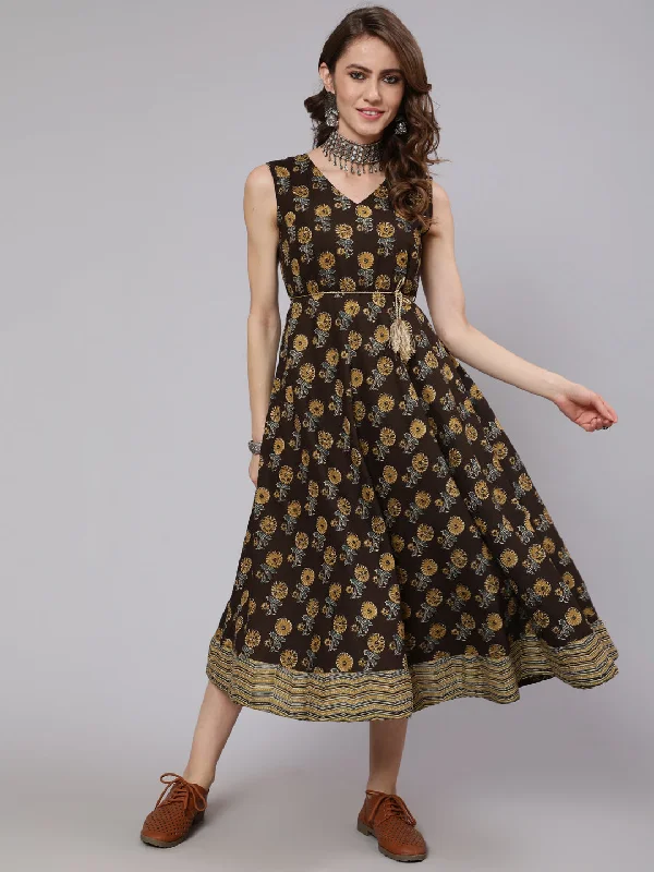 Women's Olive & Grey Printed A-Line Dress - Aks