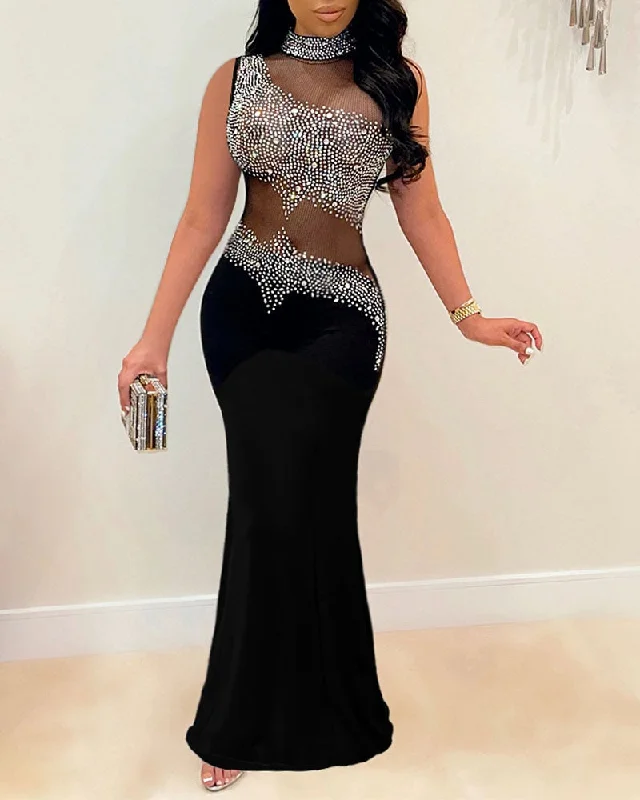 Women Elegant Formal Gown Maxi Dress Female Stylish Long Party Dress Rhinestone Mesh Splicing Evening Dress