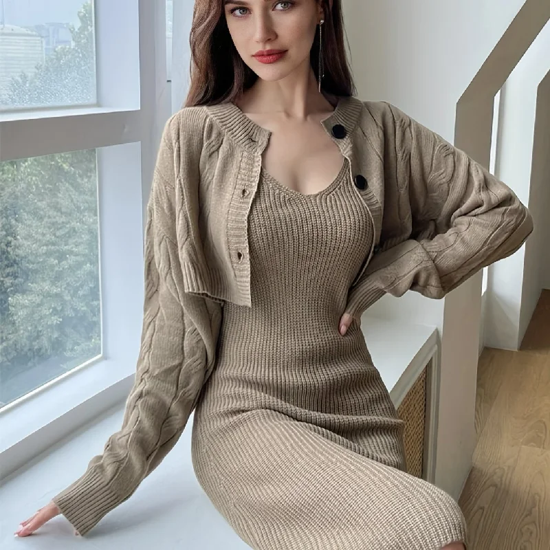 Women's Elegant Two-piece Set - Cropped Cable Knit Cardigan & Sleeveless Knee Length Dress Outfit for a Stylish and Comfortable Look