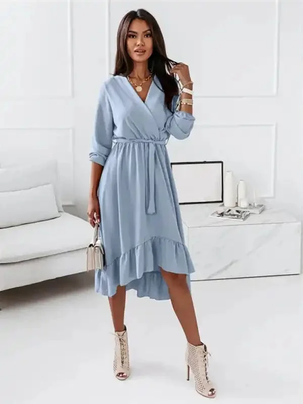 Women’s Solid Ruffle Elegant Long Sleeve Dress