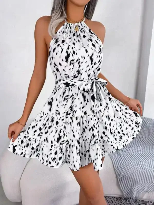 Women’s Woven Dress | Casual Fashion Halter Neck Leopard Print | Swing Dress