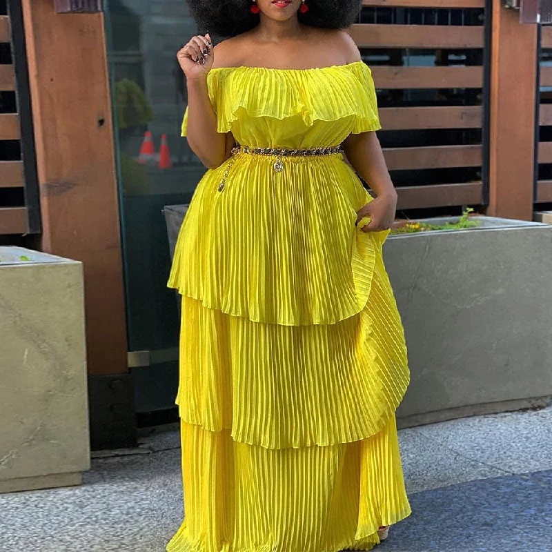 Sixsr yellow off shoulder ruffles pleated dress plus size women casual beach holiday slash neck layered summer long maxi dresses